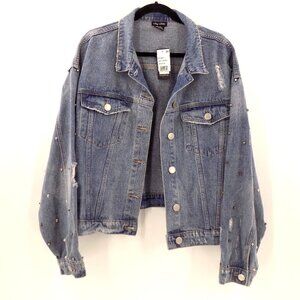 City Chic Distressed Studded Cropped Denim Jacket Size XXL/24 Studded Sleeve
